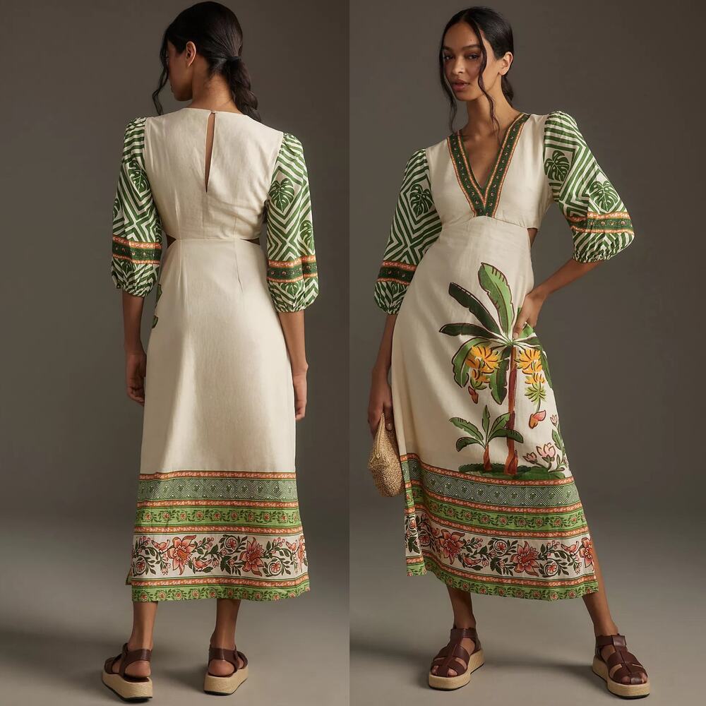 NWT Anthropologie Farm Rio Palm Tree V Neck Puff Sleeve Cut Out Waist Midi Dress